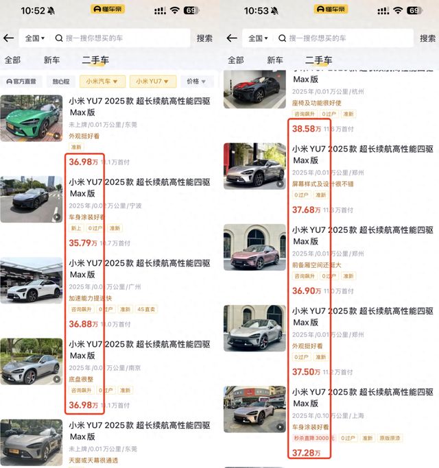 近百台小米YU7流入二手车市场 现车当天提普遍加价1万多