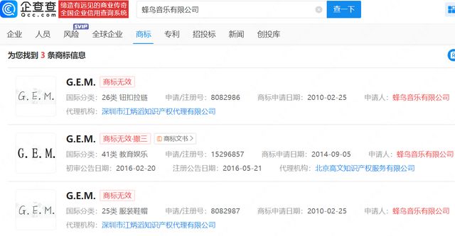 邓紫棋申请多枚G.E.M.商标 蜂鸟部分同名商标被判无效