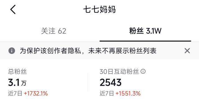 七七妈妈账号近7日涨粉2.9万